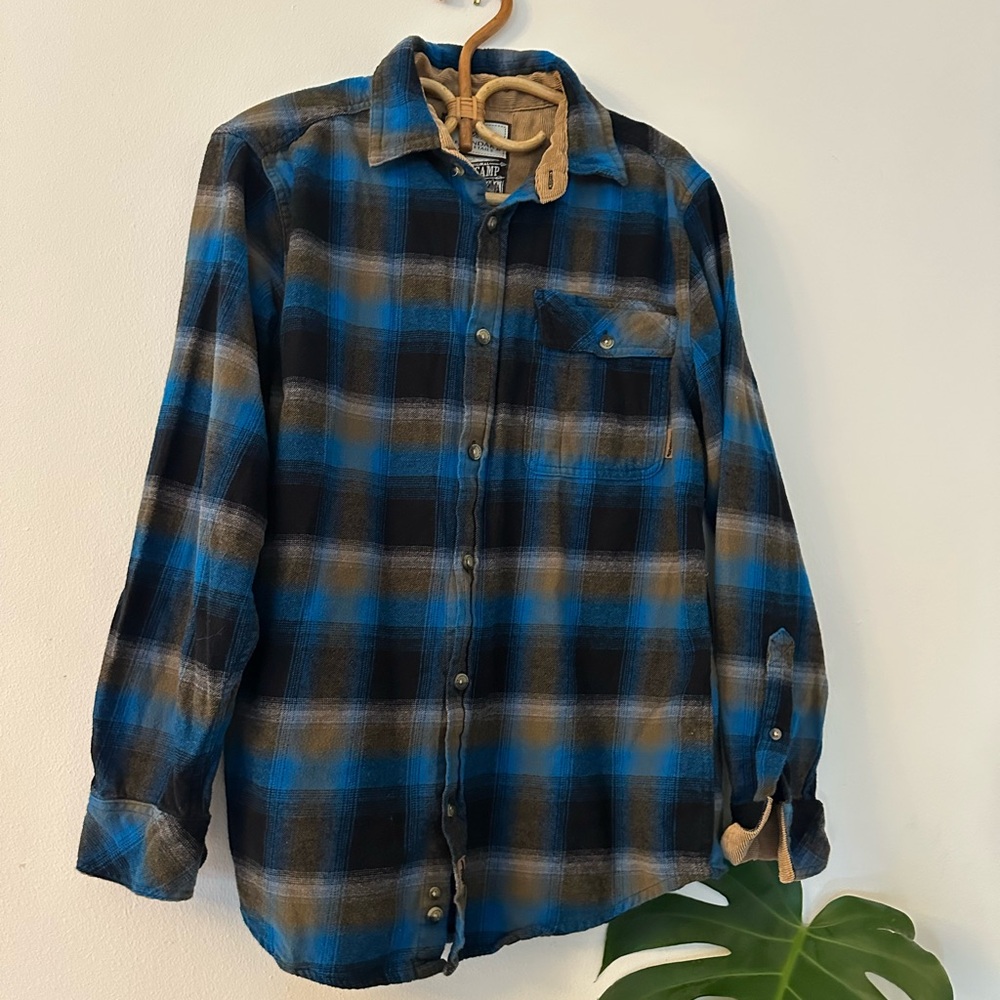 Men's Blue and Brown Plaid Shirt